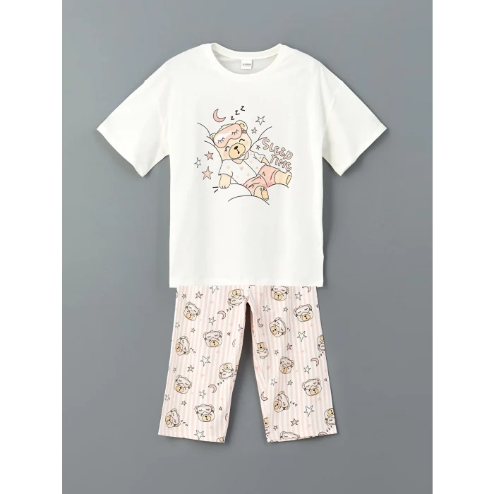 LCW Kids Ekru Bisiklet Yaka Kız Çocuk Pijama Takım
