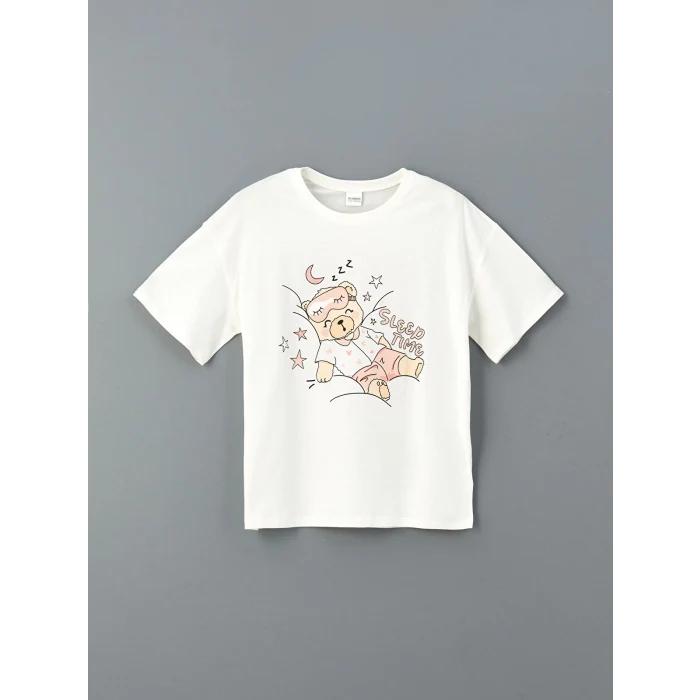 LCW Kids Ekru Bisiklet Yaka Kız Çocuk Pijama Takım