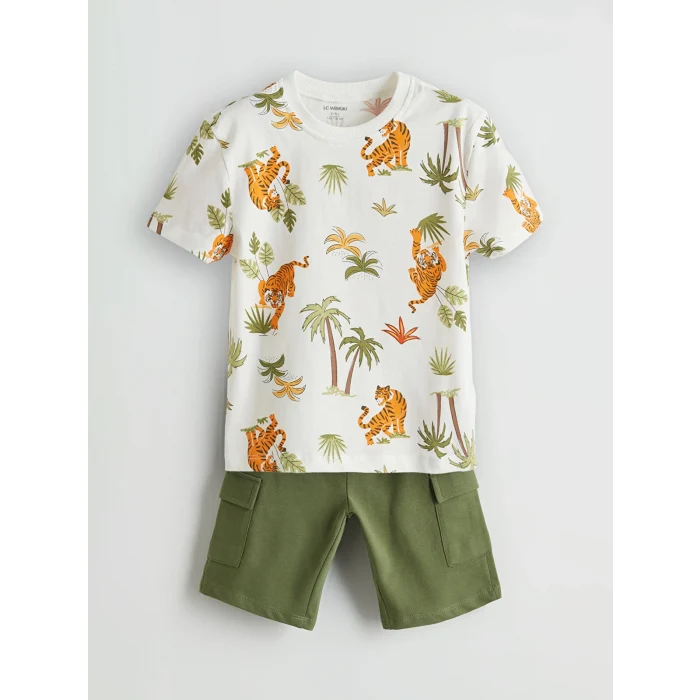LCW Kids Ekru Baskılı Erkek Çocuk Tişört ve Şort 2li