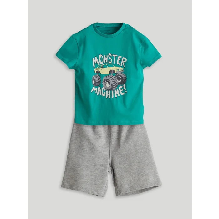 LCW Kids Yeşil Baskılı Erkek Çocuk Tişört ve Şort 2li