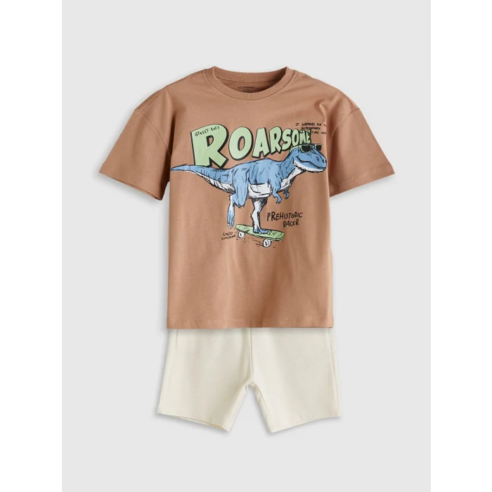 LCW Kids Kahverengi Dinozor Baskılı Erkek Çocuk Tişört ve Şort 2li