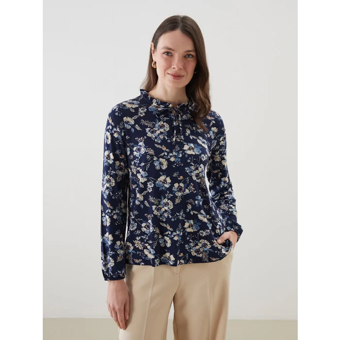 LCW Grace Lacivert Bağlamalı Yaka Çiçekli Bluz