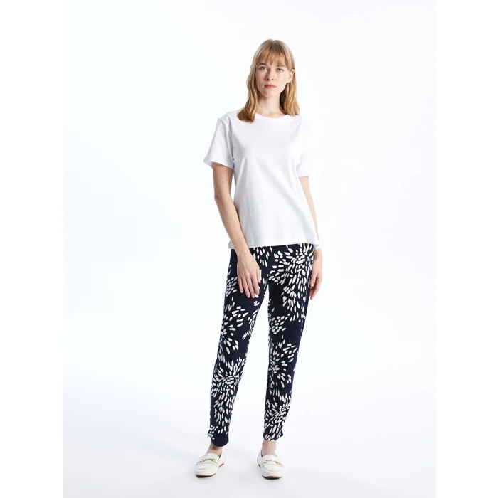 LCWAIKIKI Basic Lacivert Beli Lastikli Rahat Kalıp Desenli Kadın Pantolon