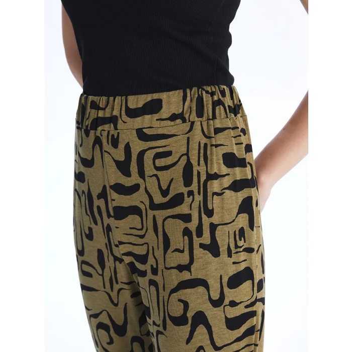 LCWAIKIKI Basic Haki Beli Lastikli Rahat Kalıp Desenli Kadın Pantolon