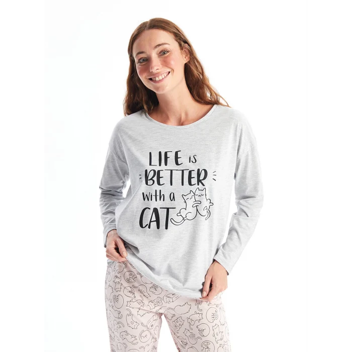 LCW DREAM Pembe Bisiklet Yaka Baskılı Uzun Kollu Kadın Pijama Takımı