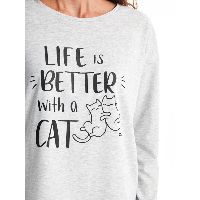 LCW DREAM Pembe Bisiklet Yaka Baskılı Uzun Kollu Kadın Pijama Takımı