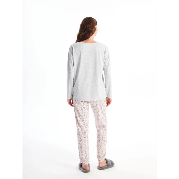 LCW DREAM Pembe Bisiklet Yaka Baskılı Uzun Kollu Kadın Pijama Takımı