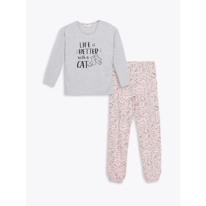 LCW DREAM Pembe Bisiklet Yaka Baskılı Uzun Kollu Kadın Pijama Takımı
