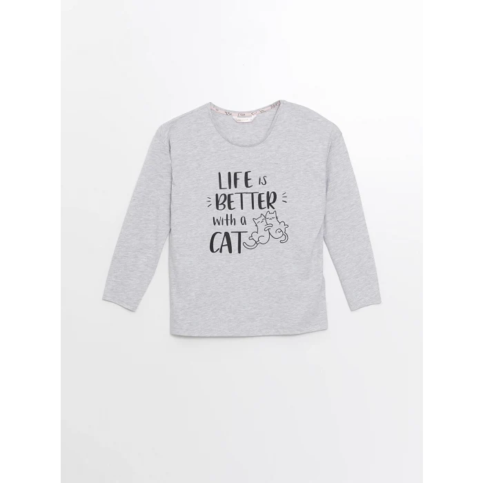 LCW DREAM Pembe Bisiklet Yaka Baskılı Uzun Kollu Kadın Pijama Takımı