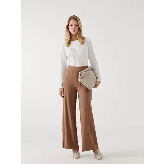 LCW ECO Kahverengi Beli Lastikli Geniş Paça Kadın Pantolon