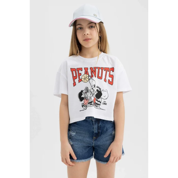 Defacto C2627 Beyaz Kız Çocuk Snoopy Bisiklet Yaka Kısa Kollu Tişört
