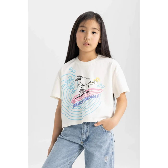 Defacto C4840 Ekru Kız Çocuk Snoopy Bisiklet Yaka Kısa Kollu Tişört