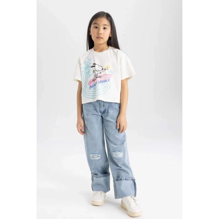 Defacto C4840 Ekru Kız Çocuk Snoopy Bisiklet Yaka Kısa Kollu Tişört
