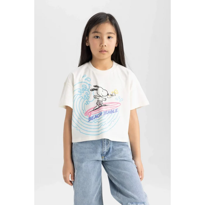 Defacto C4840 Ekru Kız Çocuk Snoopy Bisiklet Yaka Kısa Kollu Tişört
