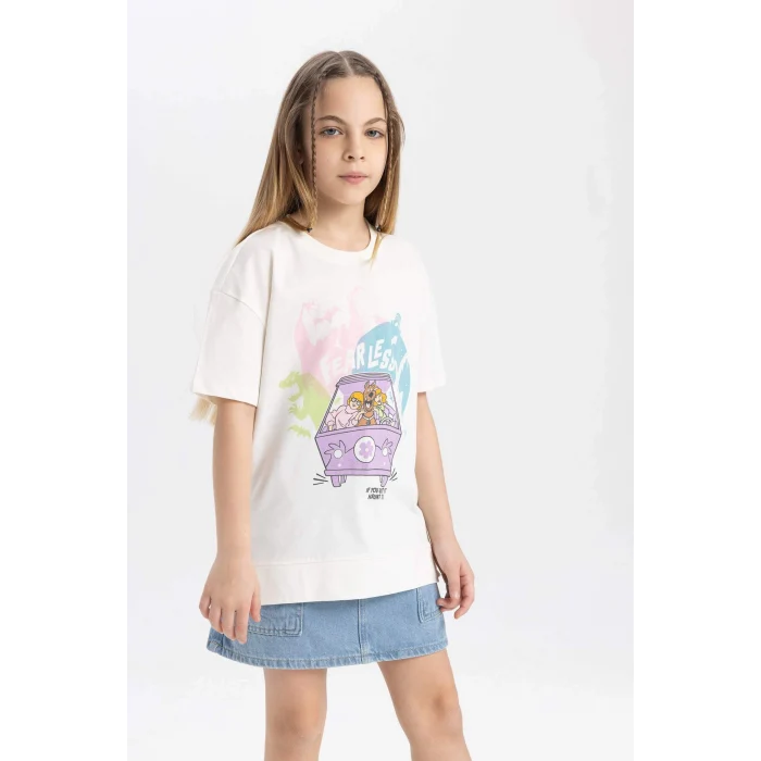 Defacto C0146 Ekru Kız Çocuk Scooby Doo Oversize Geniş Kalıp Bisiklet Yaka Kısa Kollu Tişört