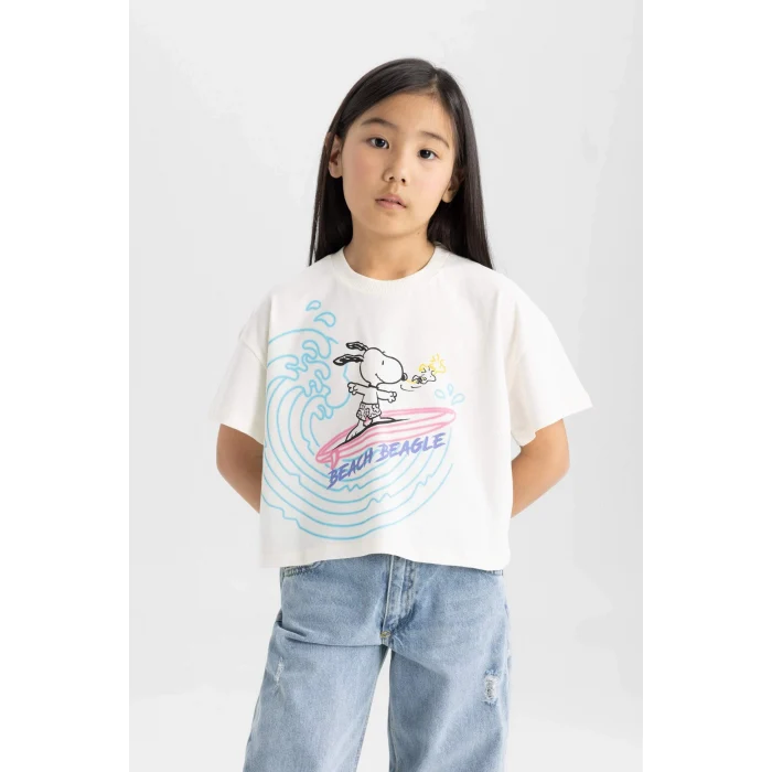 Defacto C4840 Ekru Kız Çocuk Snoopy Bisiklet Yaka Kısa Kollu Tişört