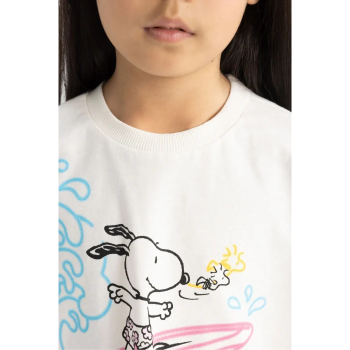 Defacto C4840 Ekru Kız Çocuk Snoopy Bisiklet Yaka Kısa Kollu Tişört