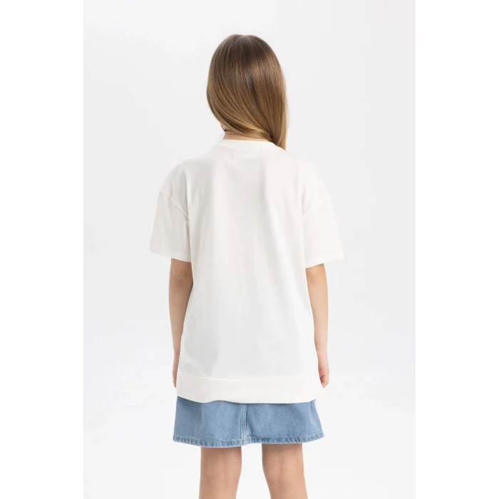 Defacto C0146 Ekru Kız Çocuk Scooby Doo Oversize Geniş Kalıp Bisiklet Yaka Kısa Kollu Tişört