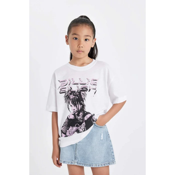 Defacto C9429 Beyaz Kız Çocuk Billie Eilish  Relax Fit Bisiklet Yaka Kısa Kollu Tişört