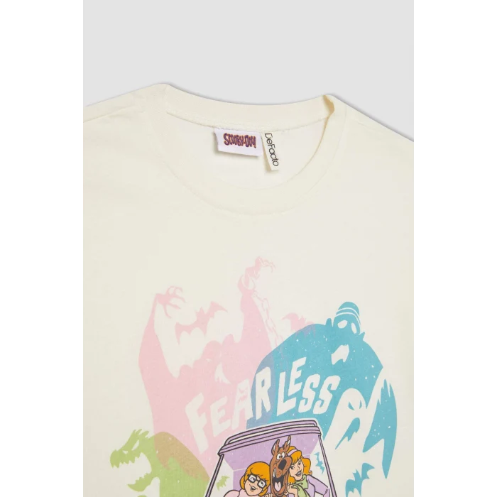 Defacto C0146 Ekru Kız Çocuk Scooby Doo Oversize Geniş Kalıp Bisiklet Yaka Kısa Kollu Tişört