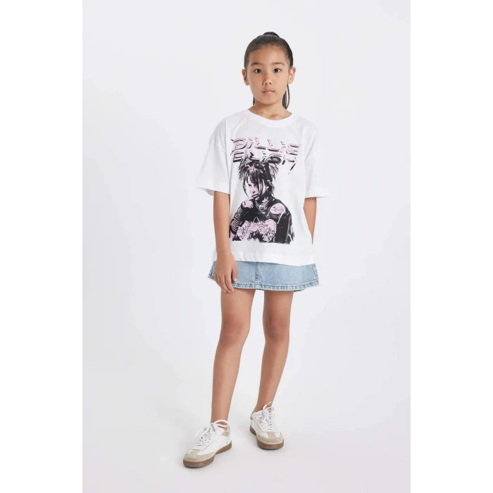 Defacto C9429 Beyaz Kız Çocuk Billie Eilish  Relax Fit Bisiklet Yaka Kısa Kollu Tişört
