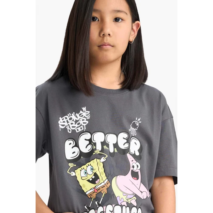 Defacto E6565 Antrasit Kız Çocuk SpongeBob Oversize Geniş Kalıp Bisiklet Yaka Kısa Kollu Tişört