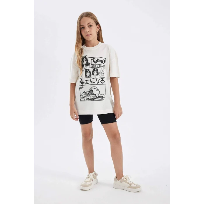 Defacto D2956 Ekru Kız Çocuk 2li Takım Bisiklet Yaka Baskılı Kısa Kollu Tişört Tayt