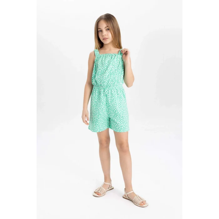 Defacto B4814 Yeşil Kız Çocuk Desenli Askılı Kısa Tulum