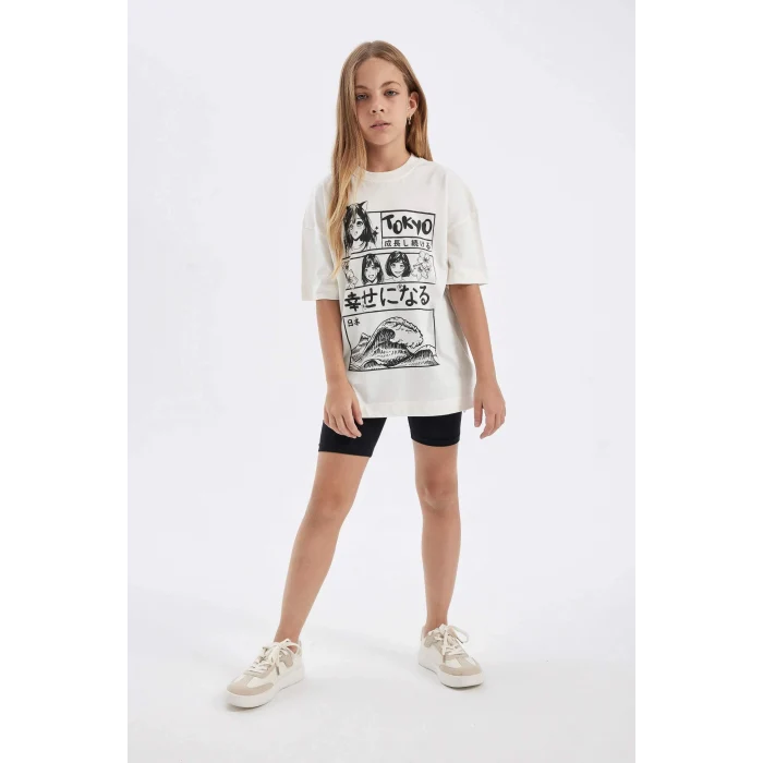 Defacto D2956 Ekru Kız Çocuk 2li Takım Bisiklet Yaka Baskılı Kısa Kollu Tişört Tayt