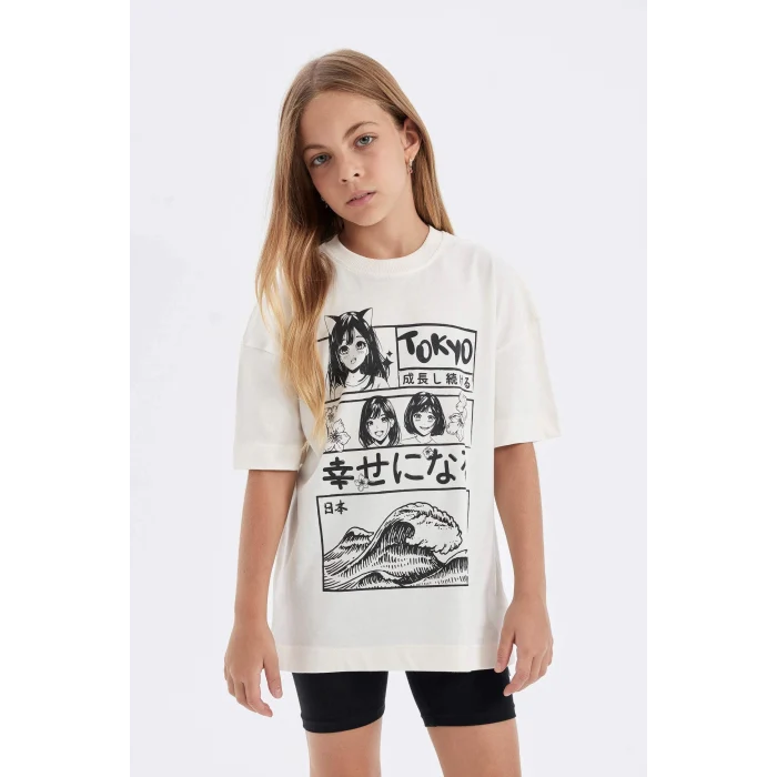 Defacto D2956 Ekru Kız Çocuk 2li Takım Bisiklet Yaka Baskılı Kısa Kollu Tişört Tayt