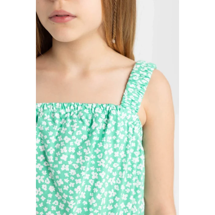 Defacto B4814 Yeşil Kız Çocuk Desenli Askılı Kısa Tulum