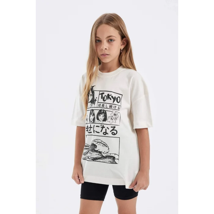 Defacto D2956 Ekru Kız Çocuk 2li Takım Bisiklet Yaka Baskılı Kısa Kollu Tişört Tayt