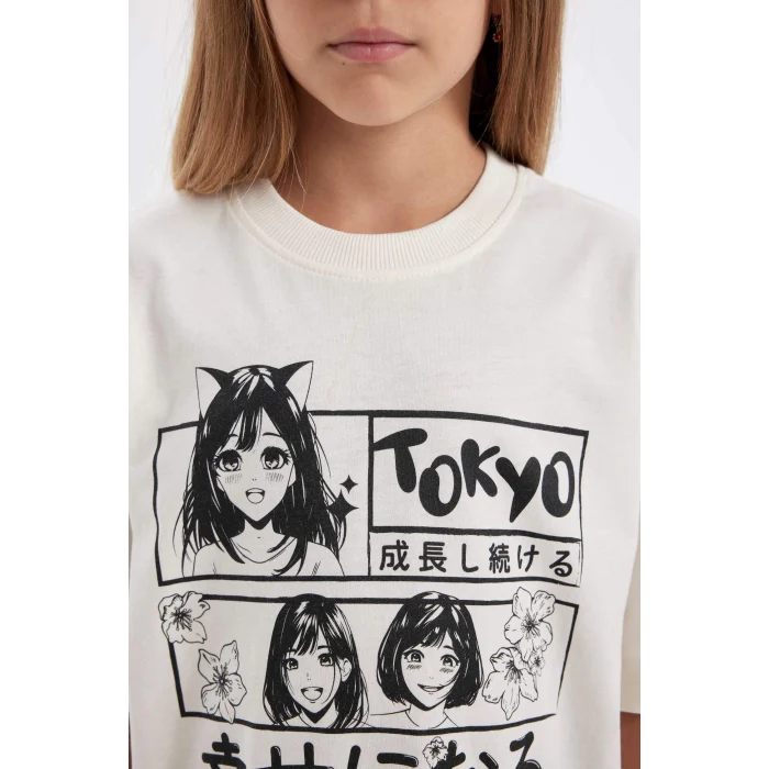 Defacto D2956 Ekru Kız Çocuk 2li Takım Bisiklet Yaka Baskılı Kısa Kollu Tişört Tayt