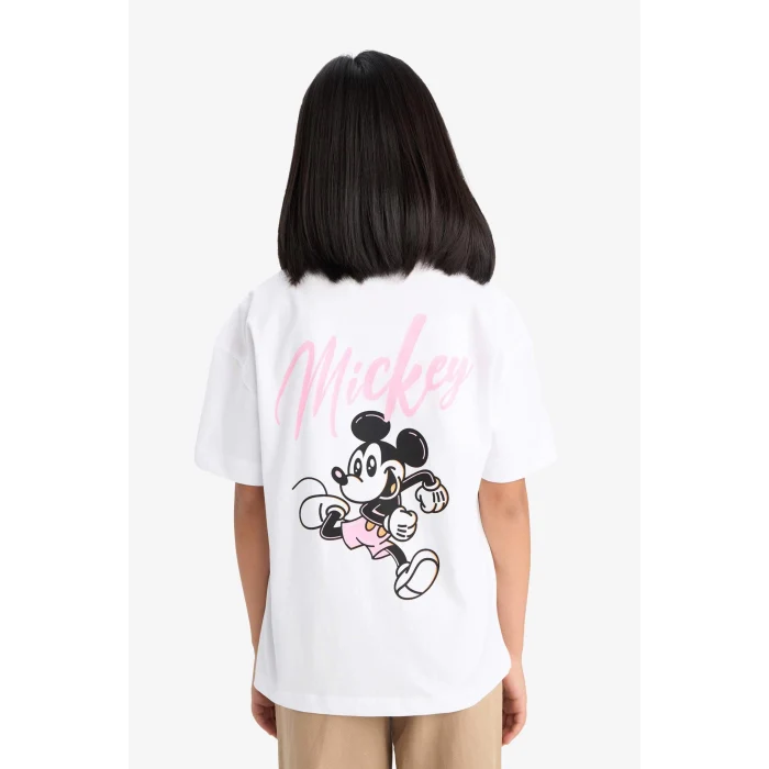 Defacto E2618 Beyaz Kız Çocuk Disney Mickey & Minnie Oversize Geniş Kalıp Bisiklet Yaka Sırt Baskılı Kısa Kollu Tişört