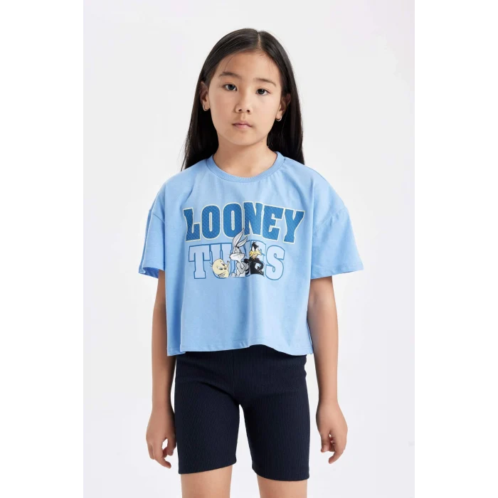 Defacto C4823 Mavi Kız Çocuk Looney Tunes Bisiklet Yaka Kısa Kollu Crop Tişört