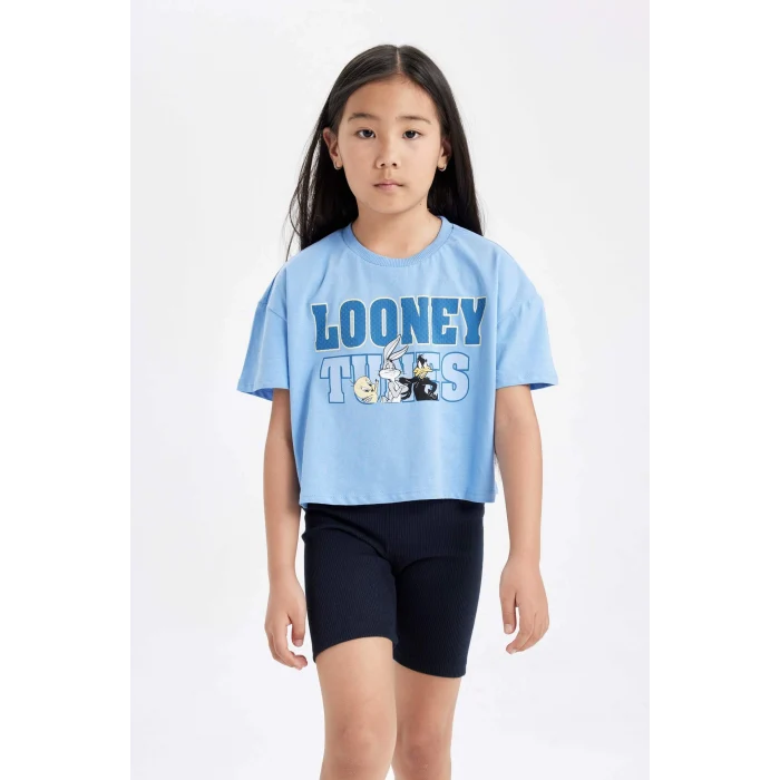 Defacto C4823 Mavi Kız Çocuk Looney Tunes Bisiklet Yaka Kısa Kollu Crop Tişört