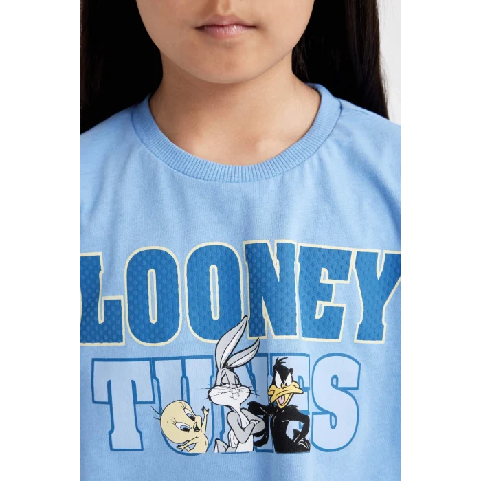 Defacto C4823 Mavi Kız Çocuk Looney Tunes Bisiklet Yaka Kısa Kollu Crop Tişört