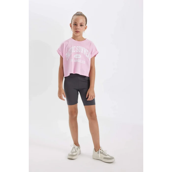 Defacto D2955 Pembe Kız Çocuk 2li Takım Baskılı Kısa Kollu Tişört Tayt
