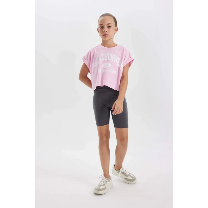 Defacto D2955 Pembe Kız Çocuk 2li Takım Baskılı Kısa Kollu Tişört Tayt