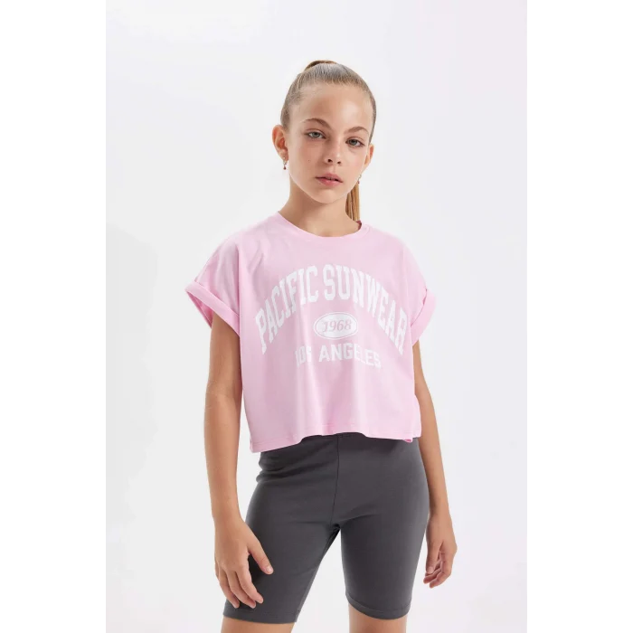 Defacto D2955 Pembe Kız Çocuk 2li Takım Baskılı Kısa Kollu Tişört Tayt