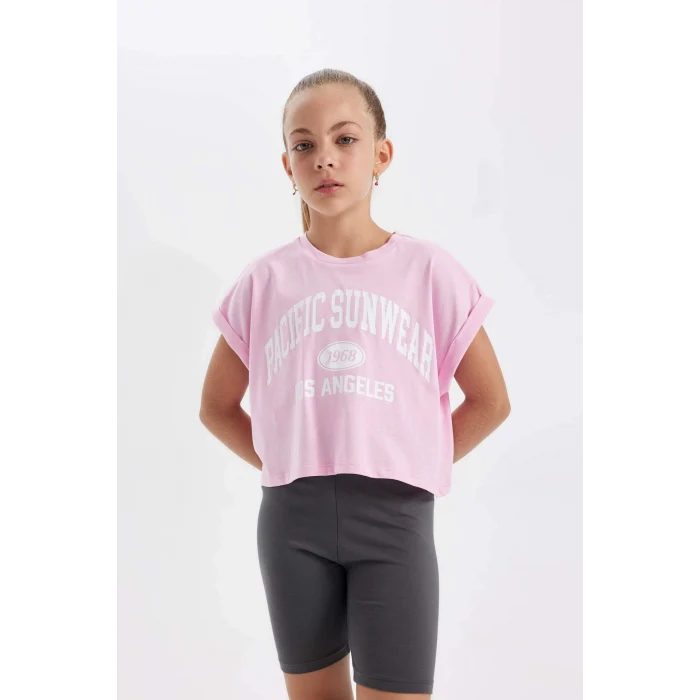Defacto D2955 Pembe Kız Çocuk 2li Takım Baskılı Kısa Kollu Tişört Tayt