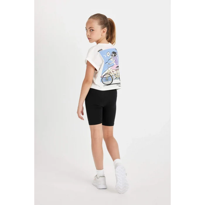Defacto D0071 Beyaz Kız Çocuk 2li Takım Baskılı Kısa Kollu Tişört Üst Kısa Biker Tayt Alt