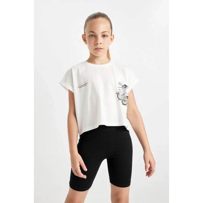Defacto D0071 Beyaz Kız Çocuk 2li Takım Baskılı Kısa Kollu Tişört Üst Kısa Biker Tayt Alt