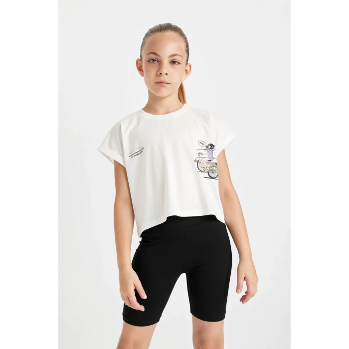 Defacto D0071 Beyaz Kız Çocuk 2li Takım Baskılı Kısa Kollu Tişört Üst Kısa Biker Tayt Alt