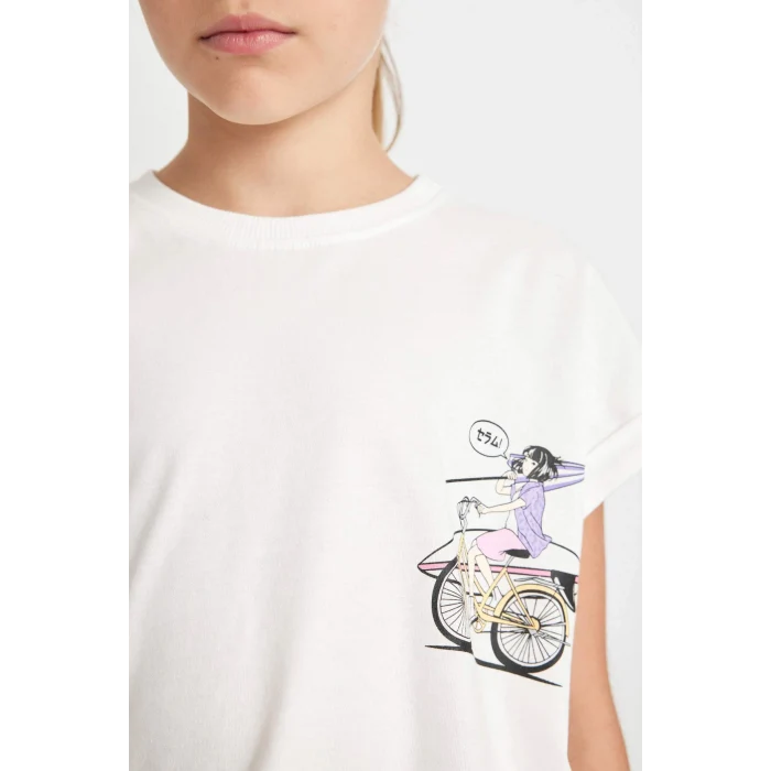 Defacto D0071 Beyaz Kız Çocuk 2li Takım Baskılı Kısa Kollu Tişört Üst Kısa Biker Tayt Alt