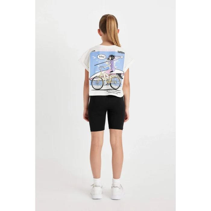 Defacto D0071 Beyaz Kız Çocuk 2li Takım Baskılı Kısa Kollu Tişört Üst Kısa Biker Tayt Alt