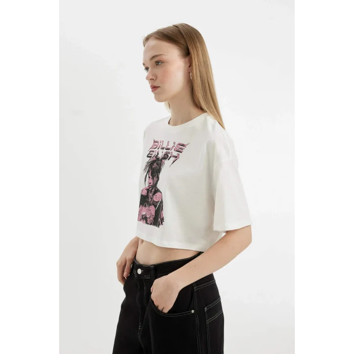 Defacto D1203 Ekru Coool Billie Eilish Oversize Geniş Kalıp Bisiklet Yaka Kısa Kollu Tişört