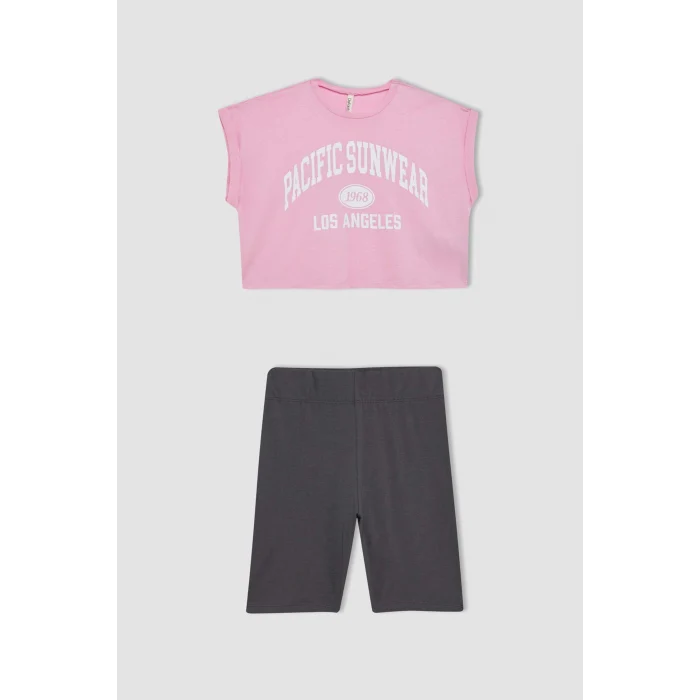 Defacto D2955 Pembe Kız Çocuk 2li Takım Baskılı Kısa Kollu Tişört Tayt