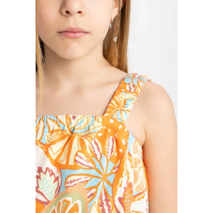 Defacto B4814 Turuncu Kız Çocuk Desenli Askılı Kısa Tulum