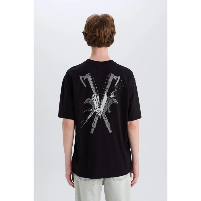 Defacto E3277 Siyah %100 Pamuk Vikings Valhalla Boxy Fit Bisiklet Yaka Sırt Baskılı Kısa Kollu Tişört